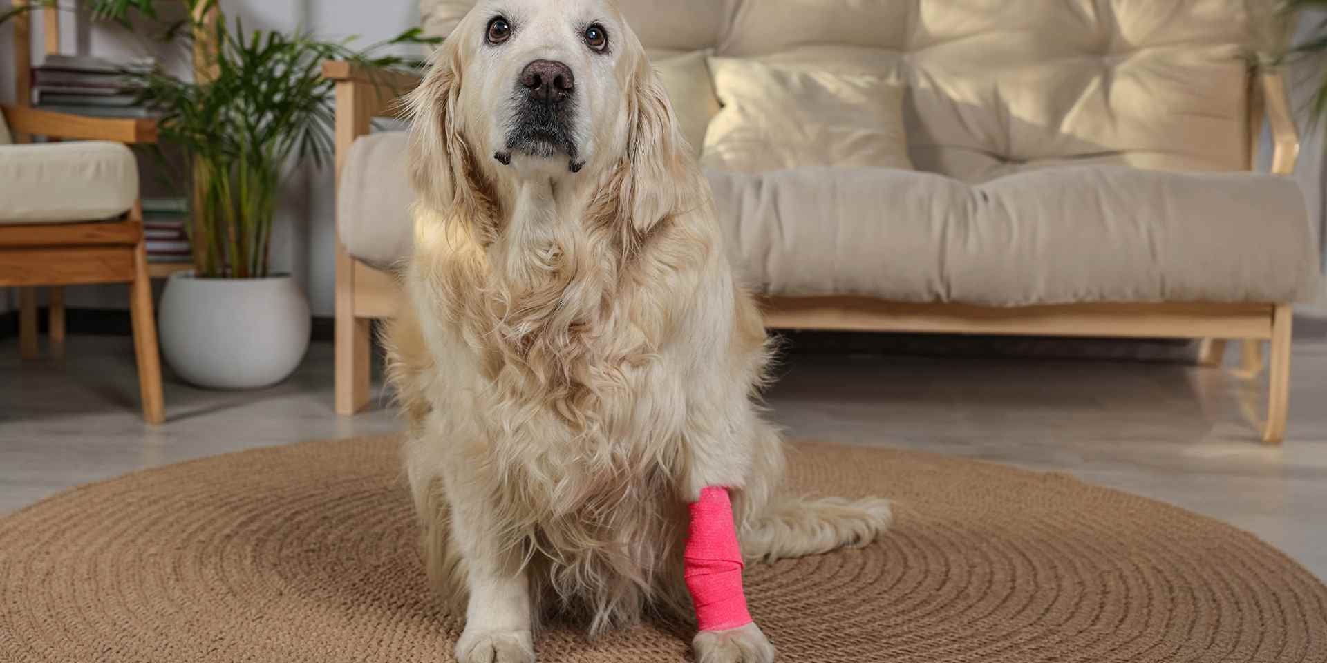 Las lesiones y heridas son un motivo de por qué aúllan los perros. Retriever sentado con vendaje en su pata.