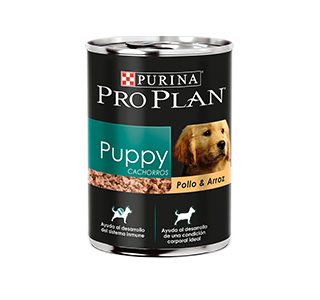 Lata de Purina Pro Plan Puppy para cachorros, sabor pollo y arroz.