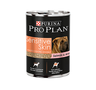 Lata Pro Plan Sensitive Skin para perros adultos con piel sensible, de salmón y arroz