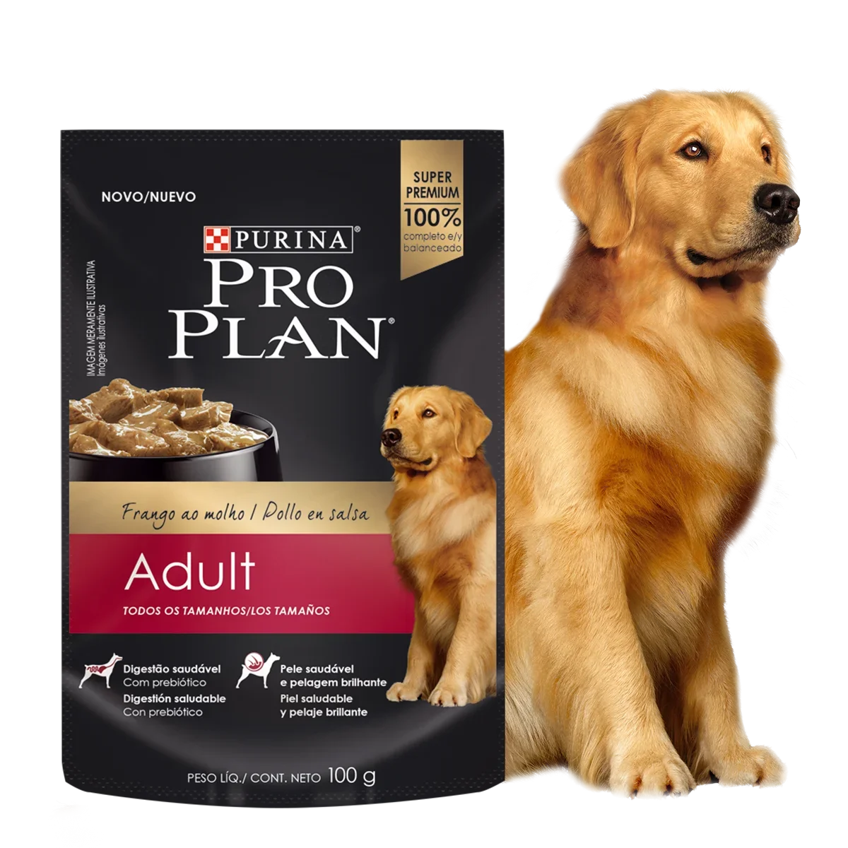 Sobre Pro Plan Adult Pollo en salsa junto a perro en la card del producto