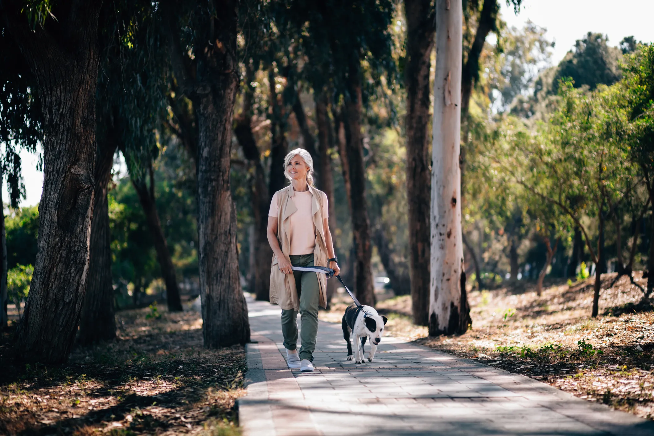 Mujer mayor que sabe cómo cuidar a un perro senior paseando a su mascota por un parque.