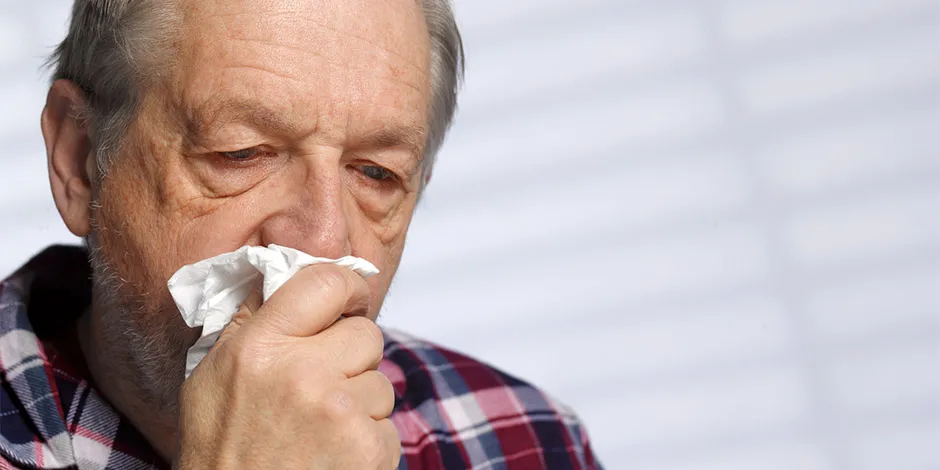 Disminuye en casa las alergias a los perros con uno hipoalergénico. Anciano con pañuelo en su rostro.